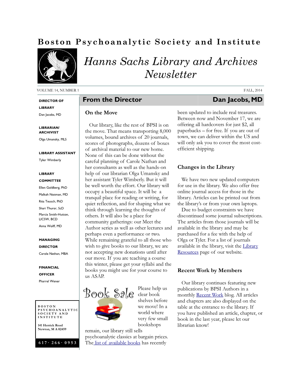 Hanns Sachs Library and Archives Newsletter