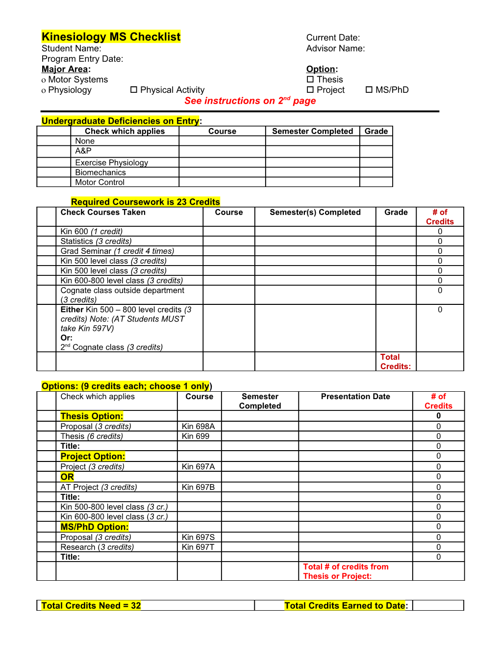 Kinesiology Phd Checklist