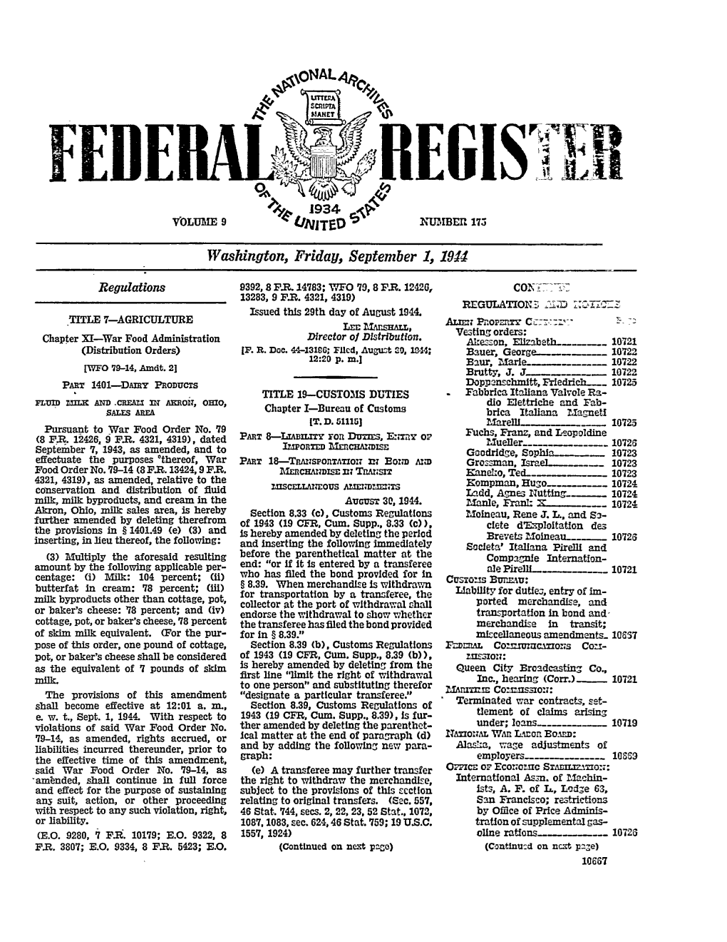 Federal Register: 9 Fed. Reg. 10667 (Sept. 1, 1944)