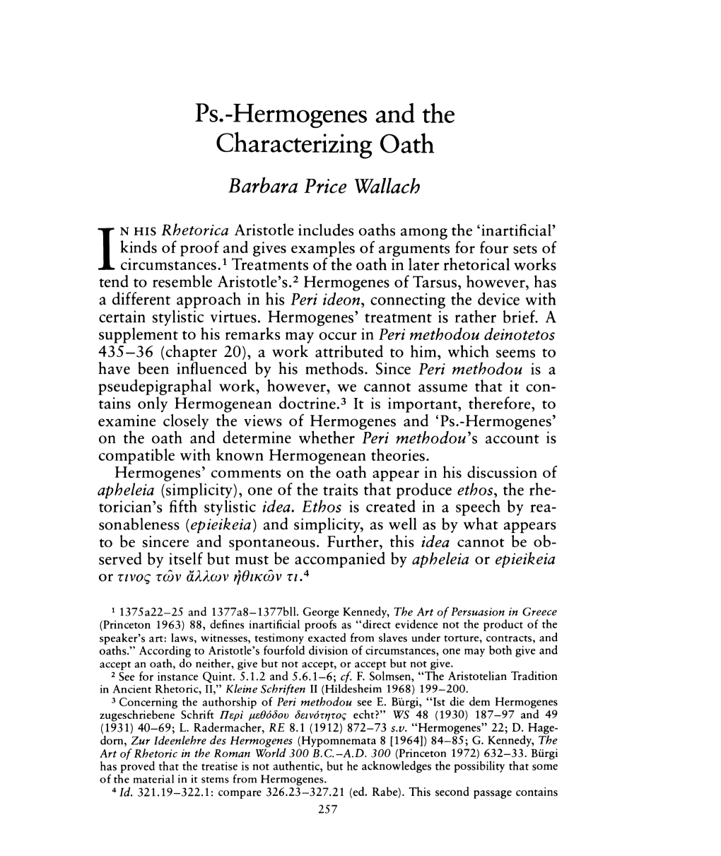 Hermogenes and the Characterizing Oath , Greek, Roman and Byzantine Studies, 22:3 (1981:Autumn) P.257