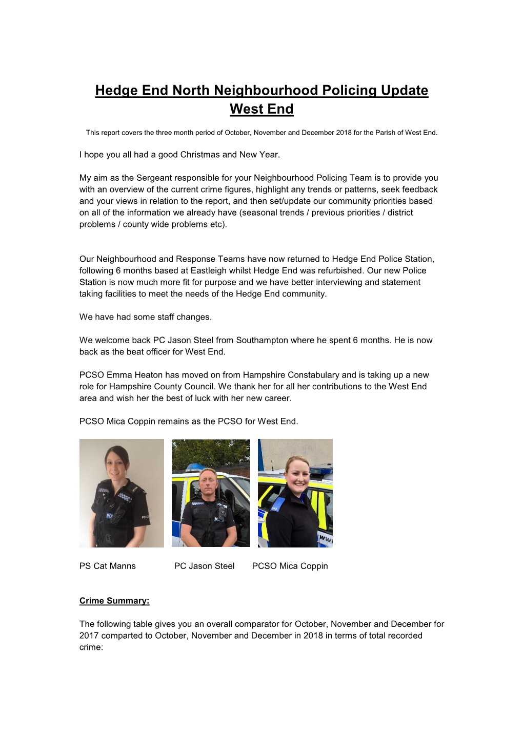 Hedge End North Neighbourhood Policing Update West End