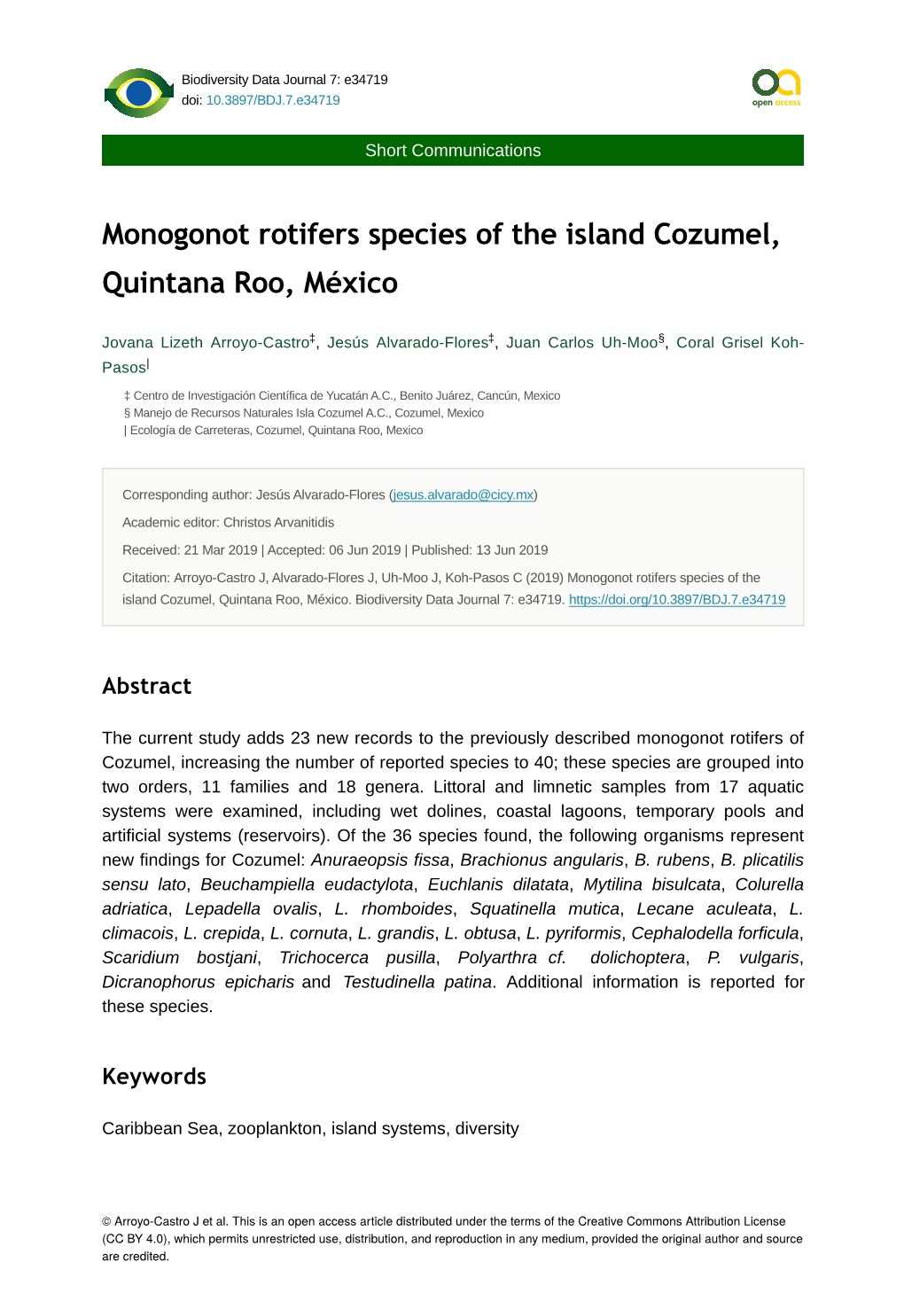 Monogonot Rotifers Species of the Island Cozumel, Quintana Roo, México
