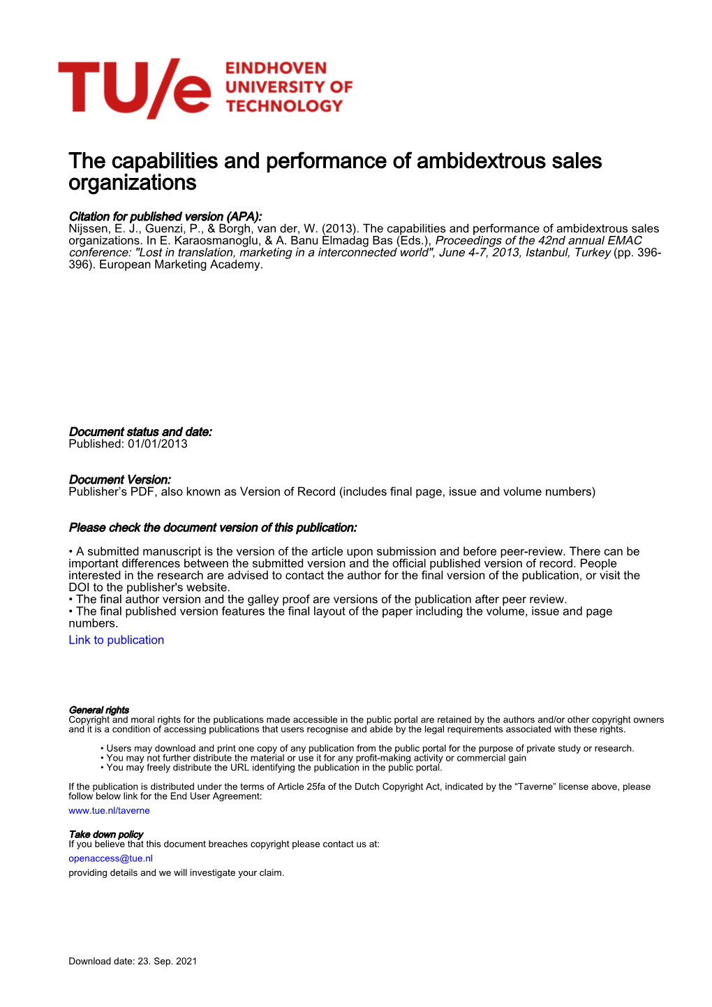 The Capabilities and Performance of Ambidextrous Sales Organizations