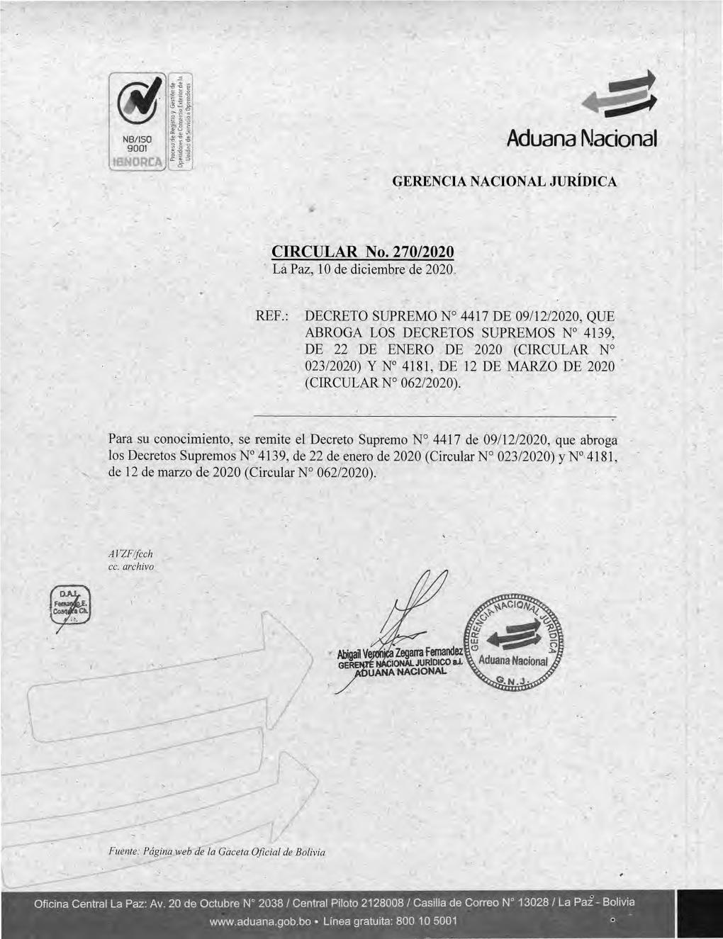 CIRCULAR No. 270/2020 La Paz, 10 De Diciembre De 2020