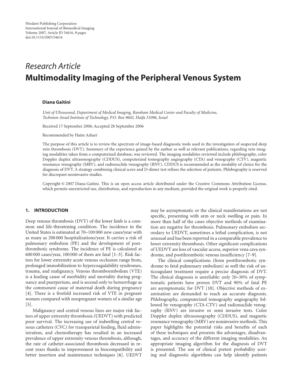 Research Article Multimodality Imaging of the Peripheral Venous System