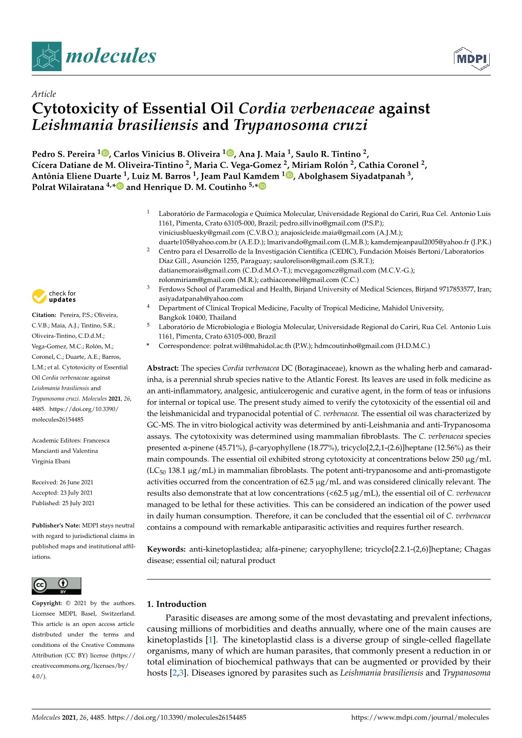 Cytotoxicity of Essential Oil Cordia Verbenaceae Against Leishmania Brasiliensis and Trypanosoma Cruzi