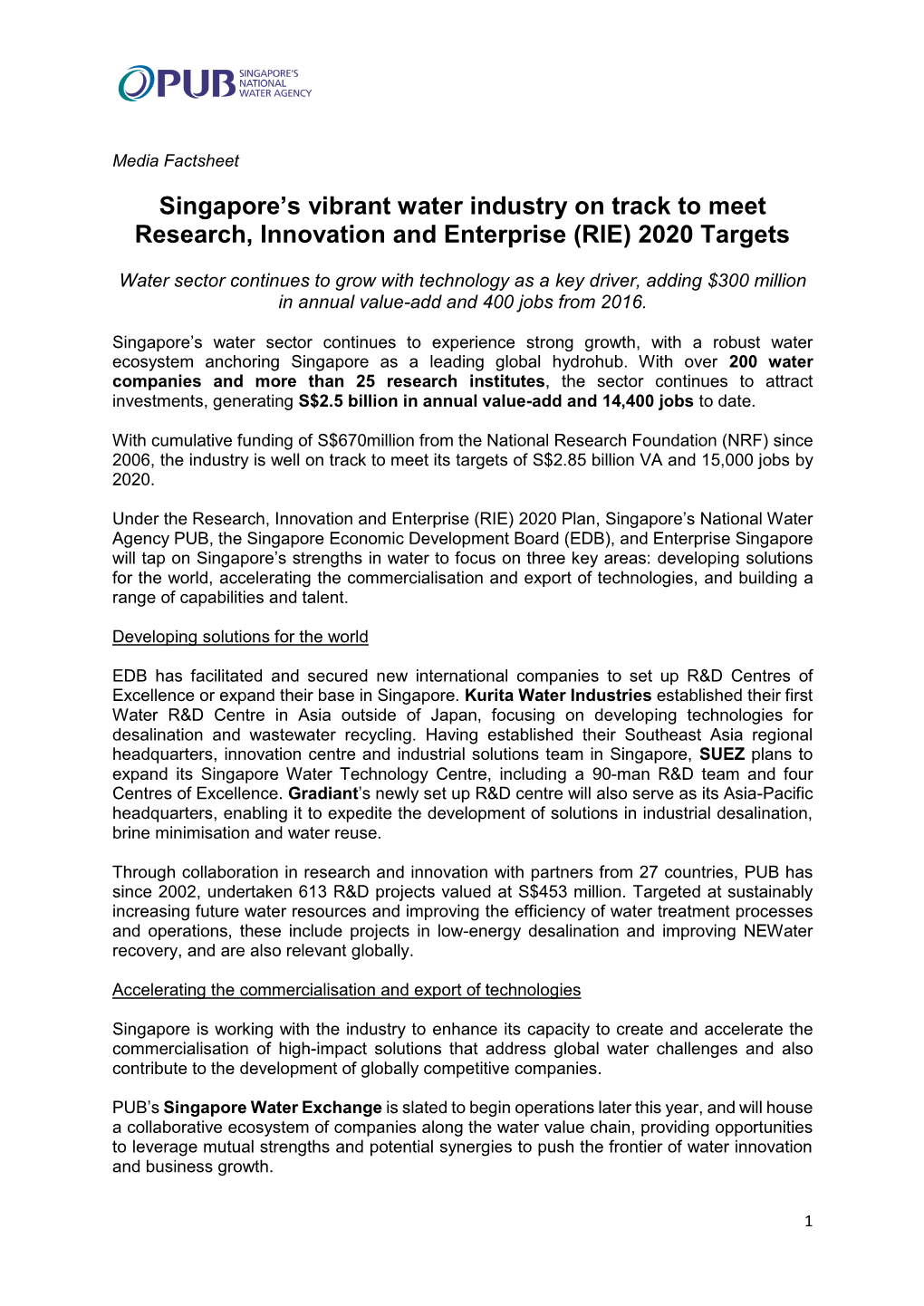 Singapore's Vibrant Water Industry on Track to Meet Research, Innovation and Enterprise (RIE) 2020 Targets