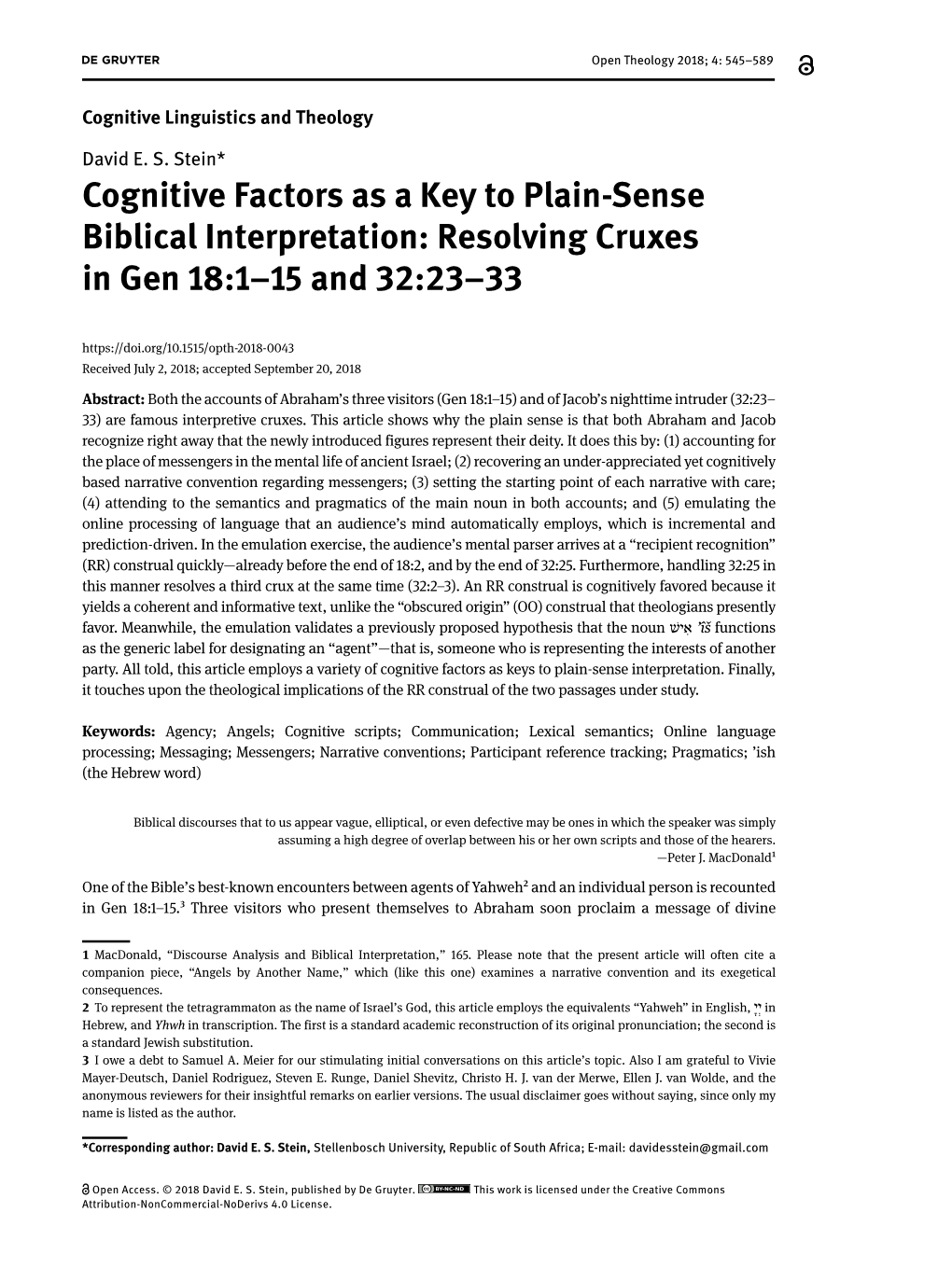 Cognitive Factors As a Key to Plain-Sense Biblical Interpretation: Resolving Cruxes in Gen 18:1–15 and 32:23–33