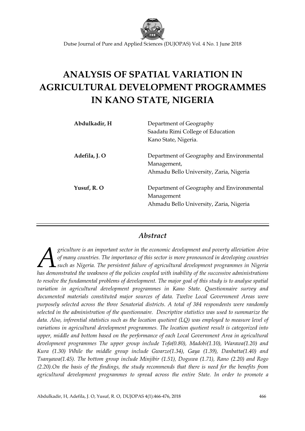 Analysis of Spatial Variation in Agricultural Development Programmes in Kano State, Nigeria