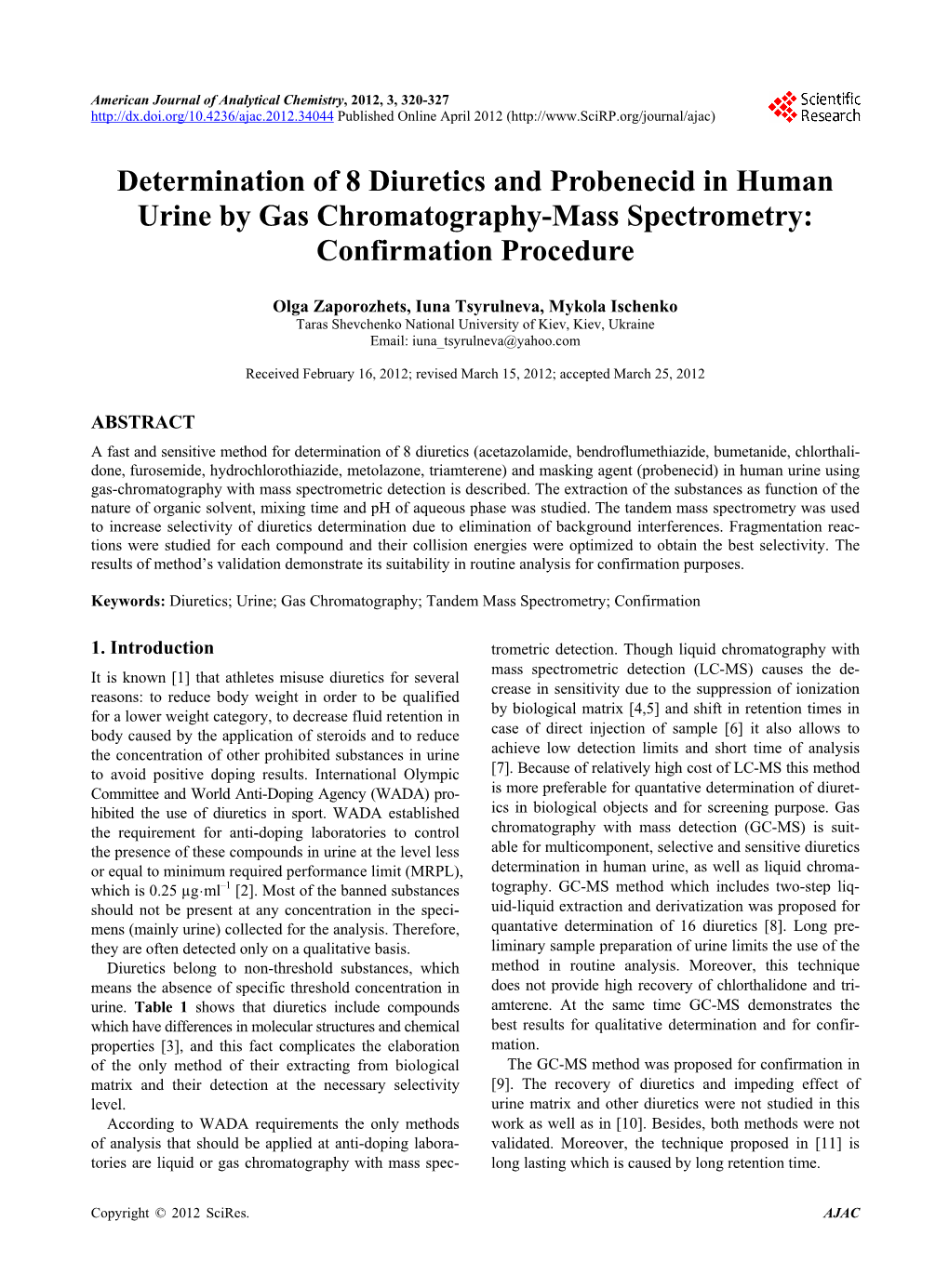 Determination of 8 Diuretics and Probenecid in Human Urine by Gas Chromatography-Mass Spectrometry: Confirmation Procedure