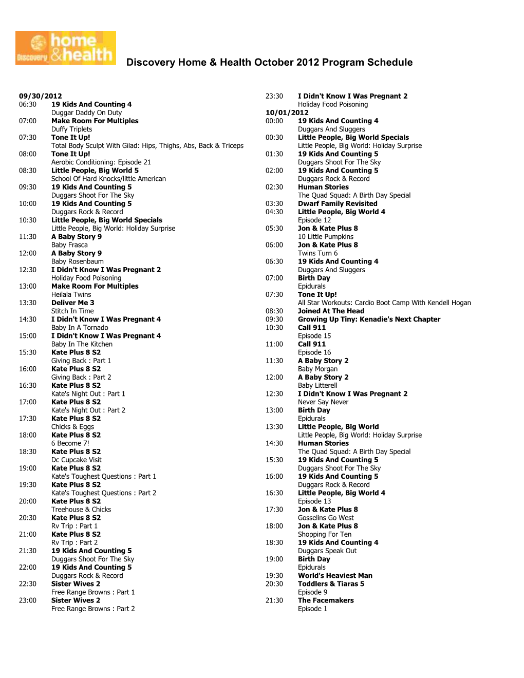 Discovery Home & Health October 2012 Program Schedule