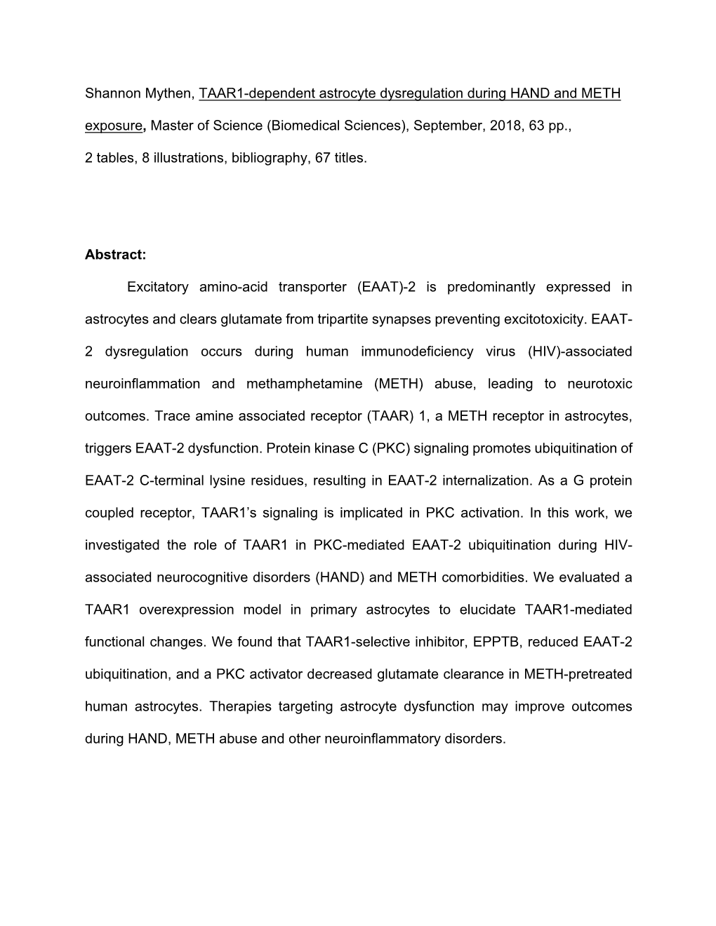 Shannon Mythen, TAAR1-Dependent Astrocyte Dysregulation During HAND and METH Exposure, Master of Science (Biomedical Sciences), September, 2018, 63 Pp