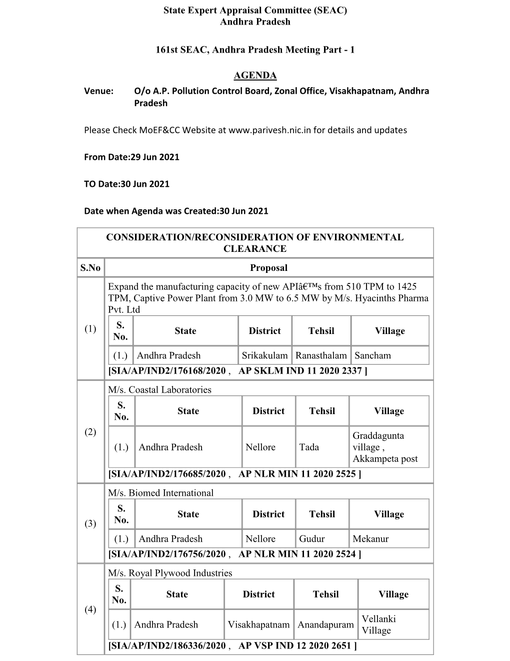 State Expert Appraisal Committee (SEAC) Andhra Pradesh