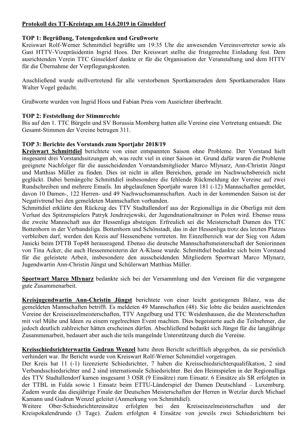 Protokoll Des Kreistages Vom 14.06.2019 in Ginseldorf