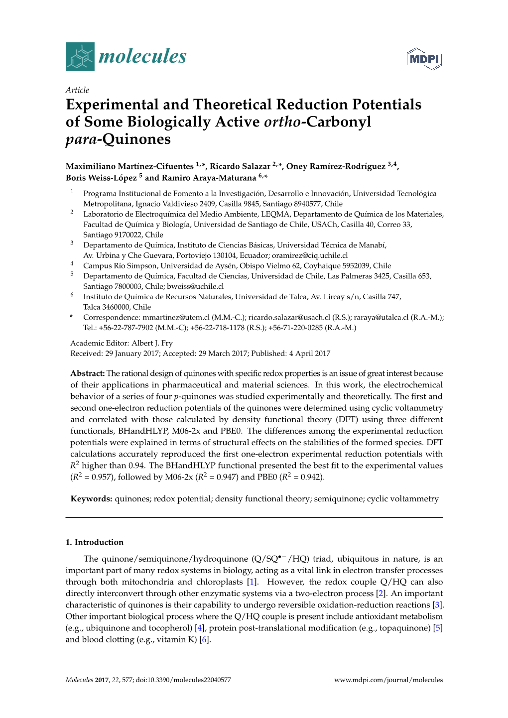 Experimental and Theoretical Reduction Potentials of Some Biologically Active Ortho-Carbonyl Para-Quinones