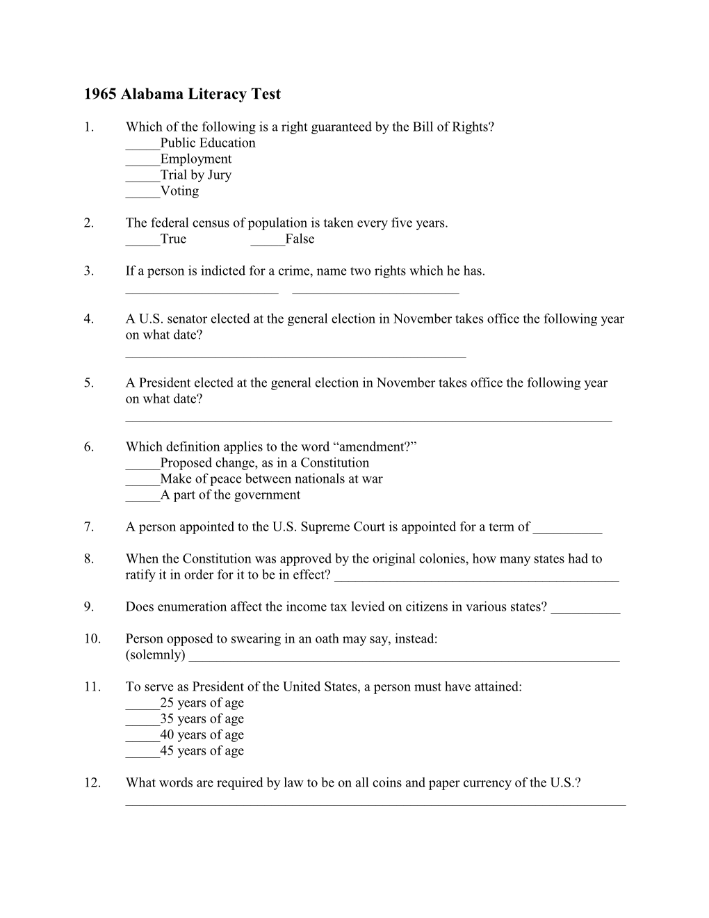 1965 Alabama Literacy Test