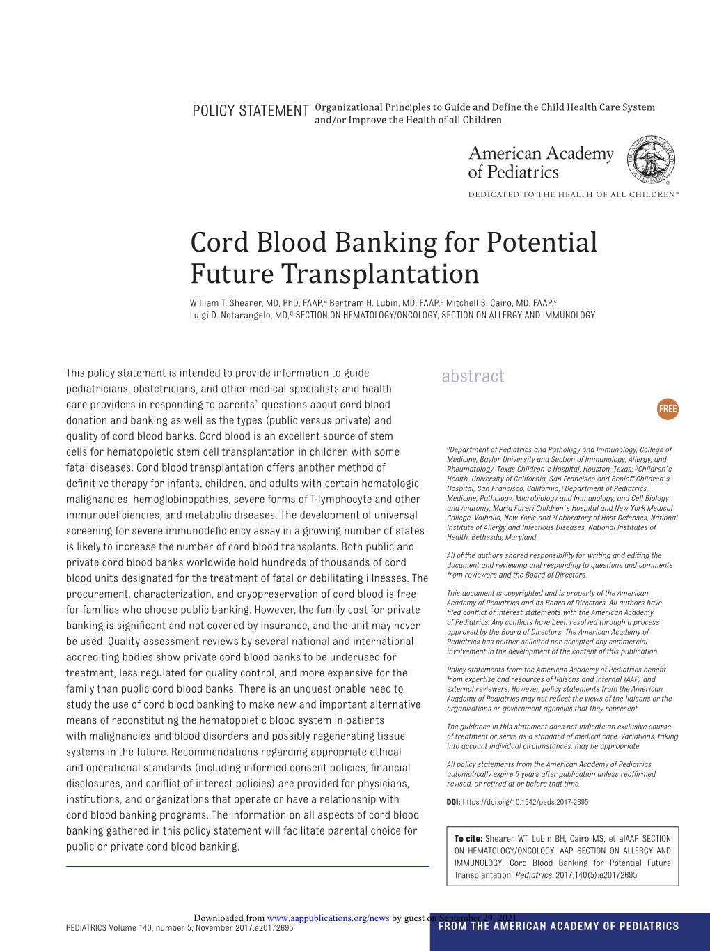 Cord Blood Banking for Potential Future Transplantation