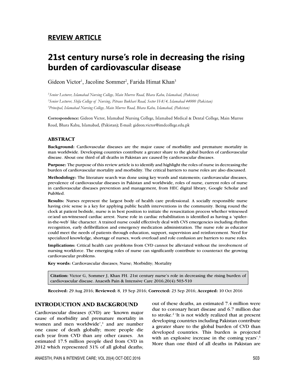 21St Century Nurse's Role in Decreasing the Rising Burden of Cardiovascular