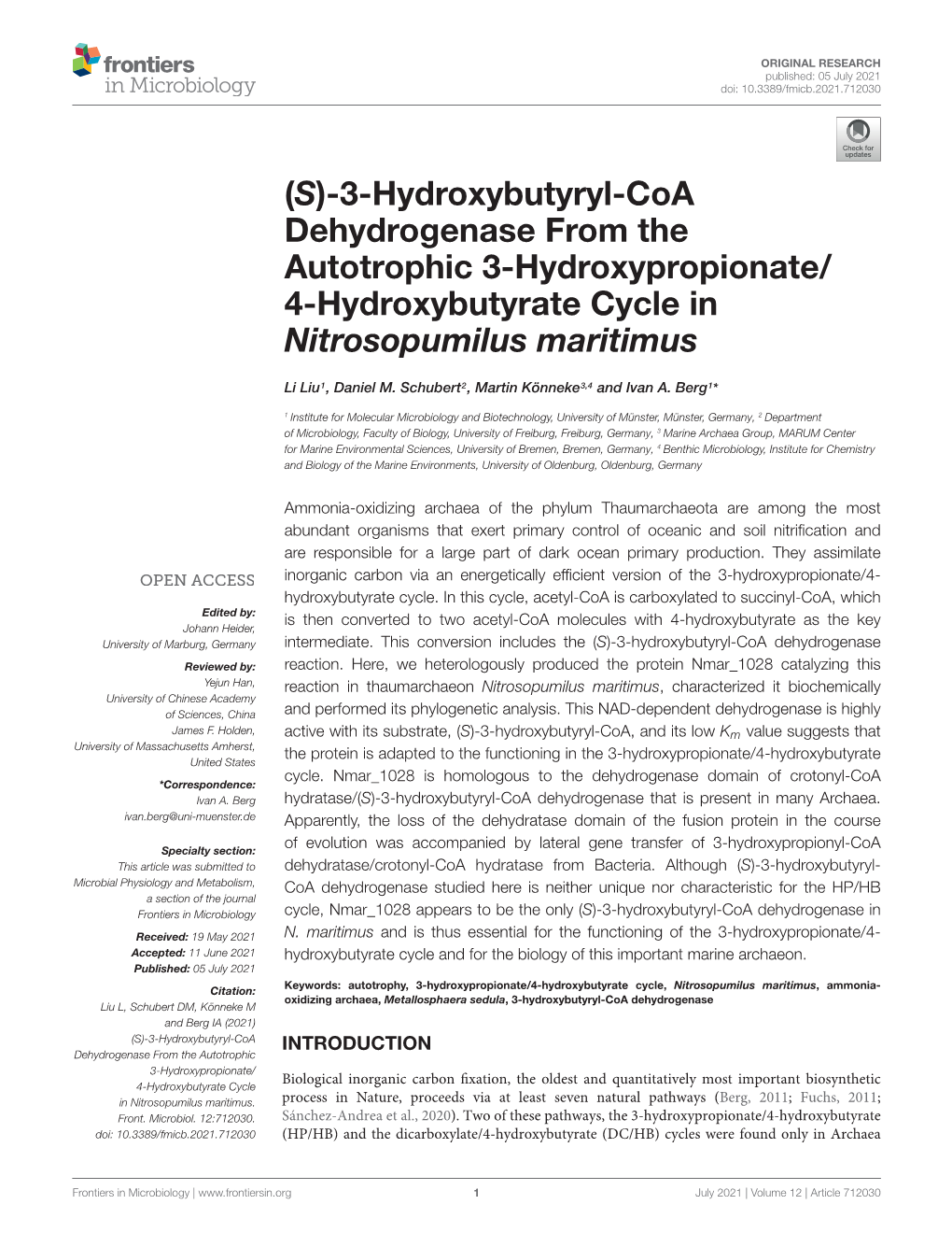 3-Hydroxybutyryl-Coa Dehydrogenase from the Autotrophic 3-Hydroxypropionate/ 4-Hydroxybutyrate Cycle in Nitrosopumilus Maritimus