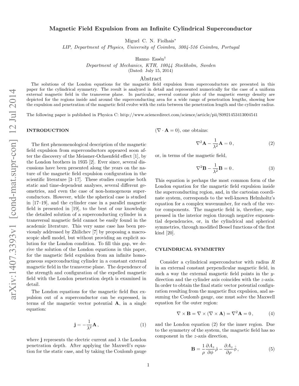 Arxiv:1407.3393V1 [Cond-Mat.Supr-Con] 12 Jul 2014