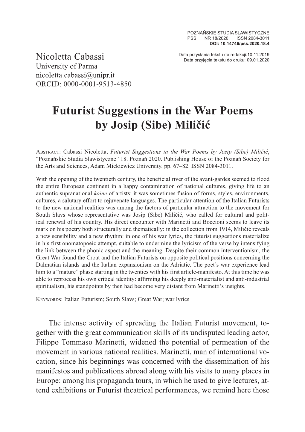 Futurist Suggestions in the War Poems by Josip (Sibe) Miličić