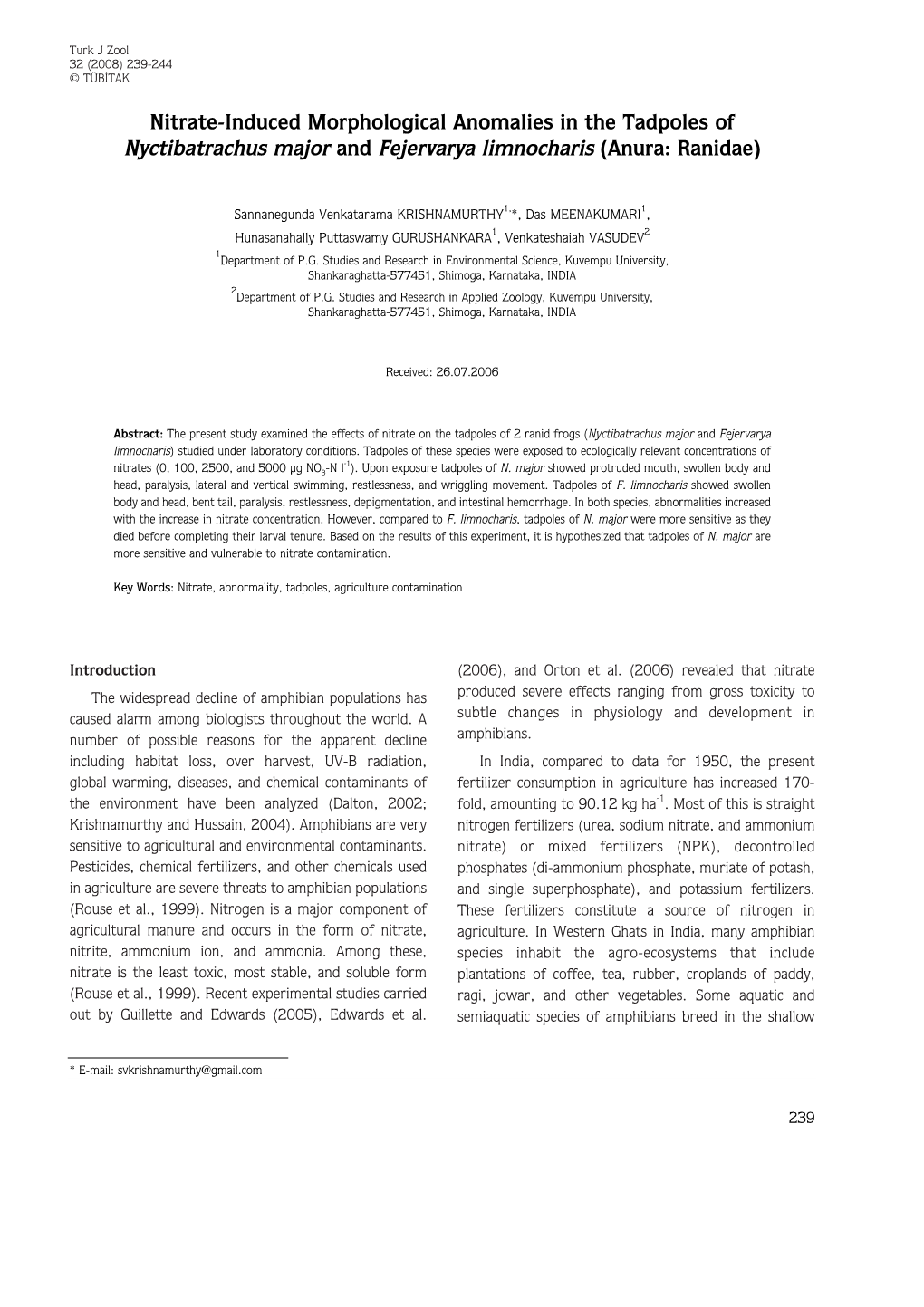 Nitrate-Induced Morphological Anomalies in the Tadpoles of Nyctibatrachus Major and Fejervarya Limnocharis (Anura: Ranidae)