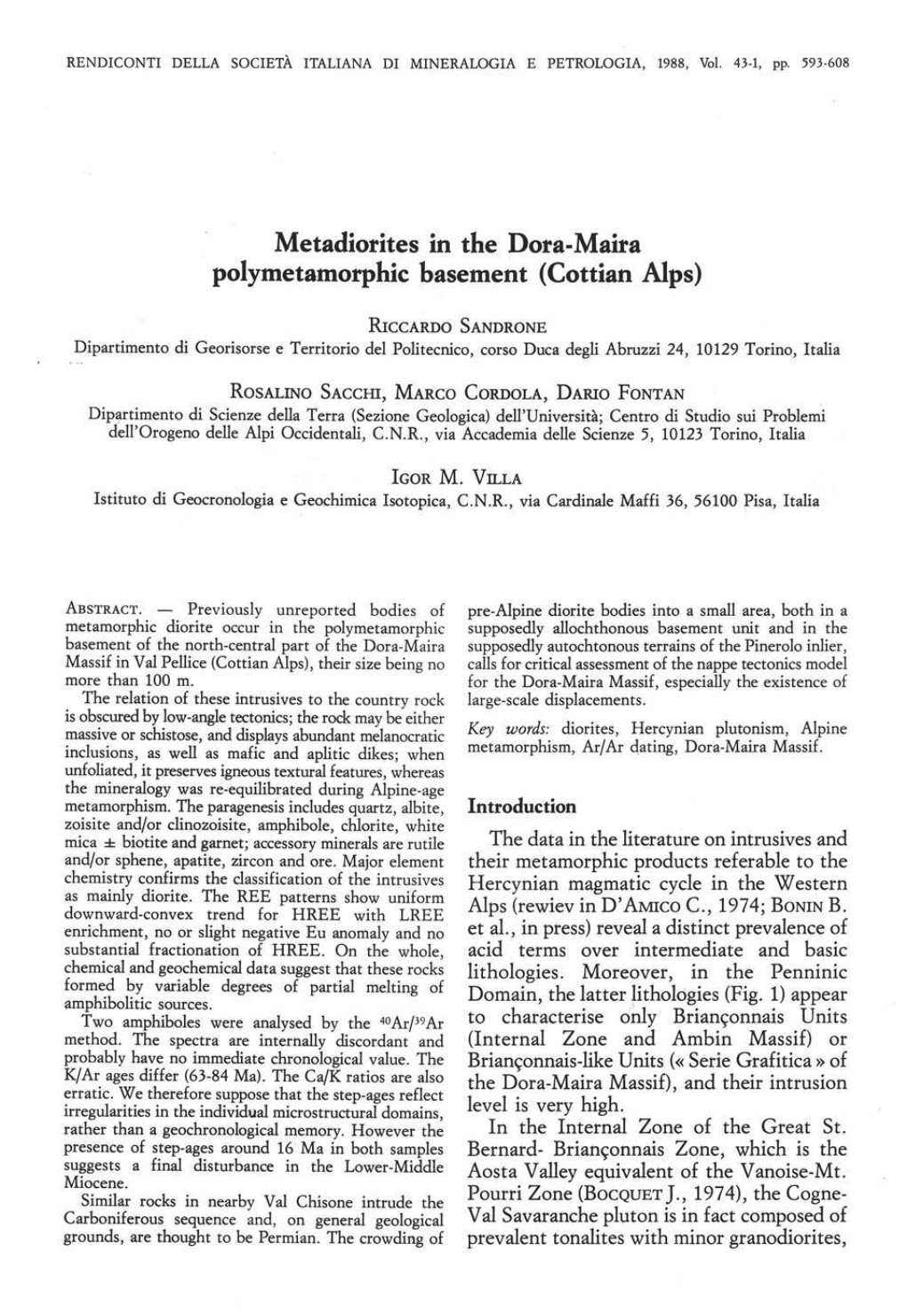 Metadiorites in the Dora·Maira Polymetamorphic Basement (Cottian Alps)