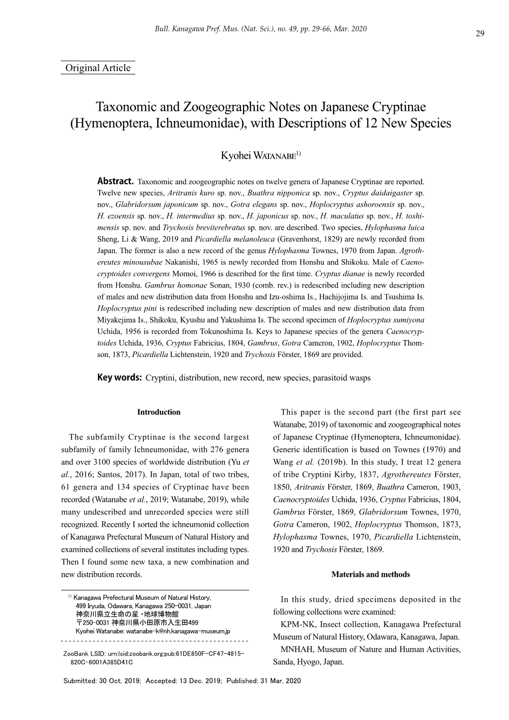 Taxonomic and Zoogeographic Notes on Japanese Cryptinae (Hymenoptera, Ichneumonidae), with Descriptions of 12 New Species