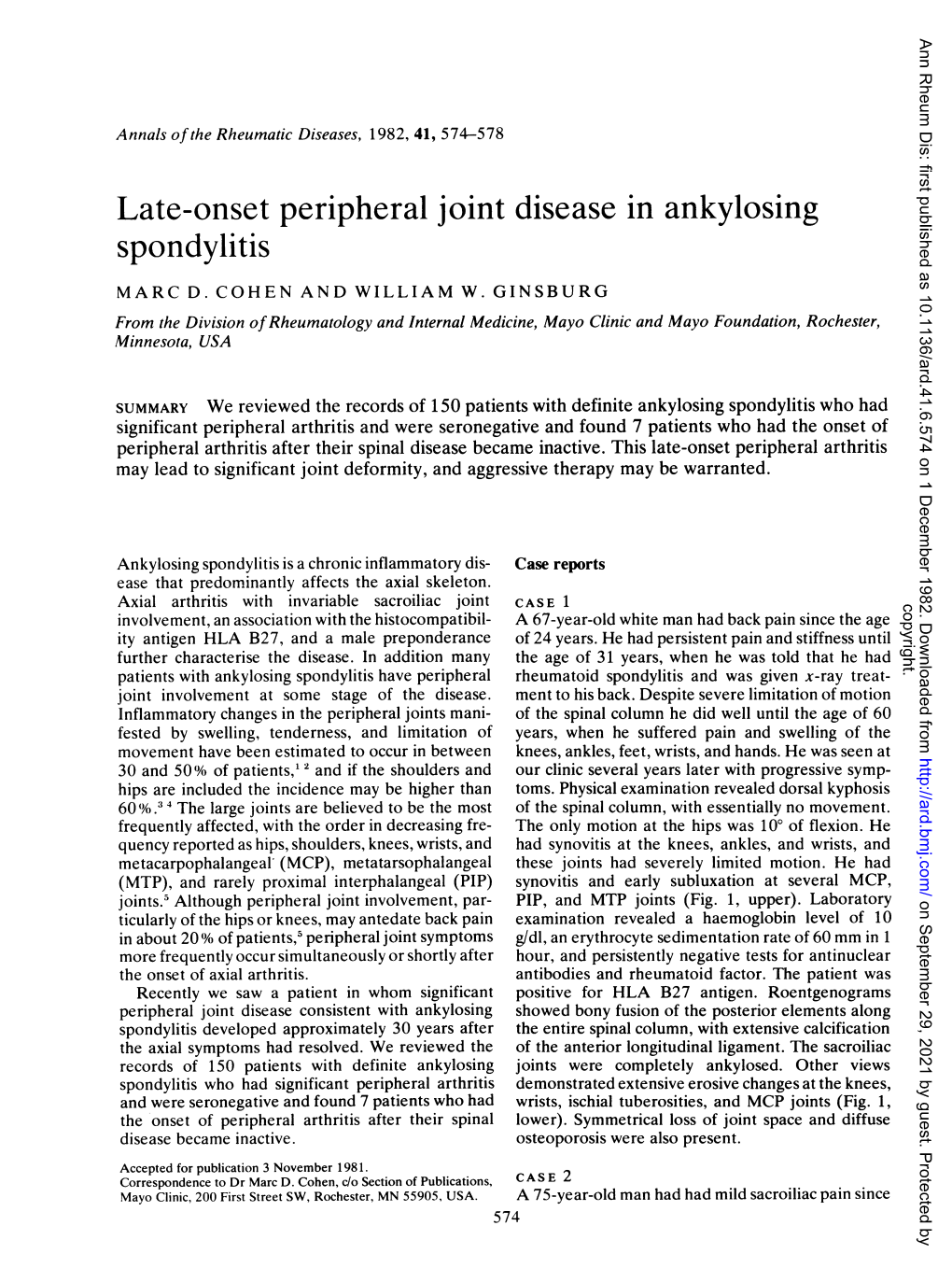 Late-Onset Peripheral Joint Disease in Ankylosing Spondylitis MARC D