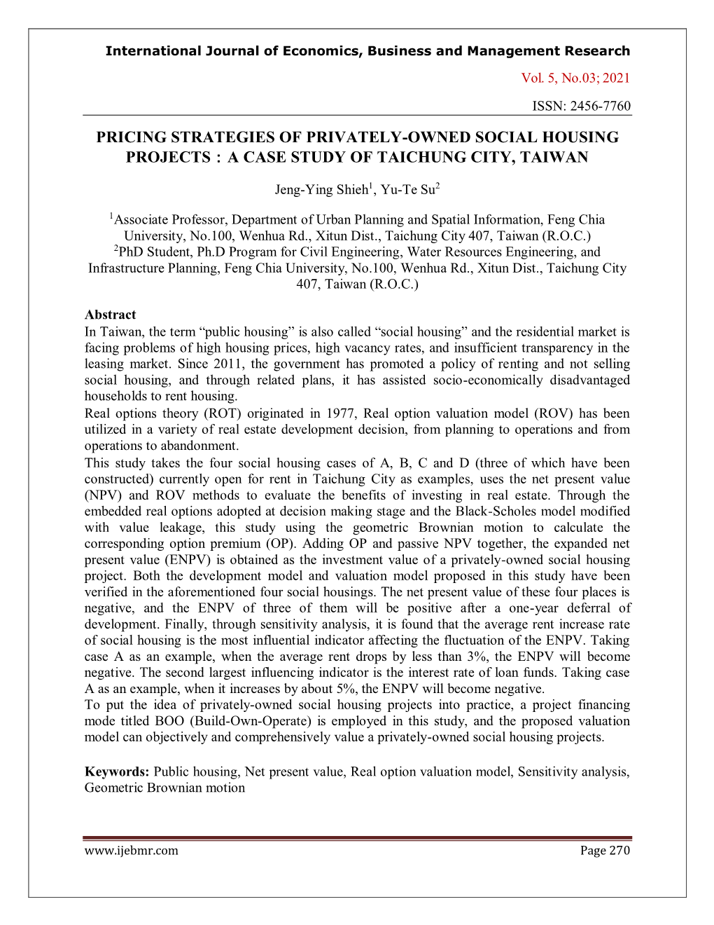 Pricing Strategies of Privately-Owned Social Housing Projects：A Case Study of Taichung City, Taiwan