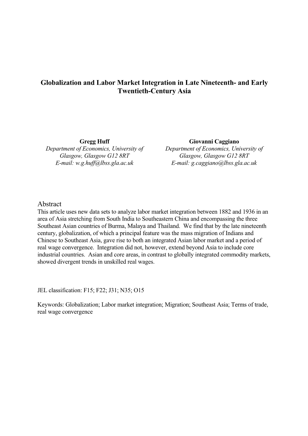 Globalization and Labour Market Integration in Late Nineteenth And
