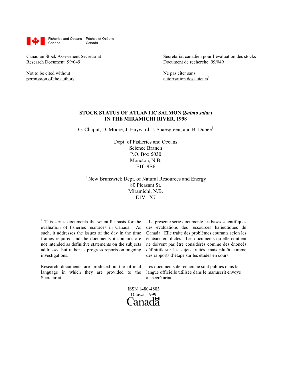 Stock Status of Atlantic Salmon in the Miramichi River 1998