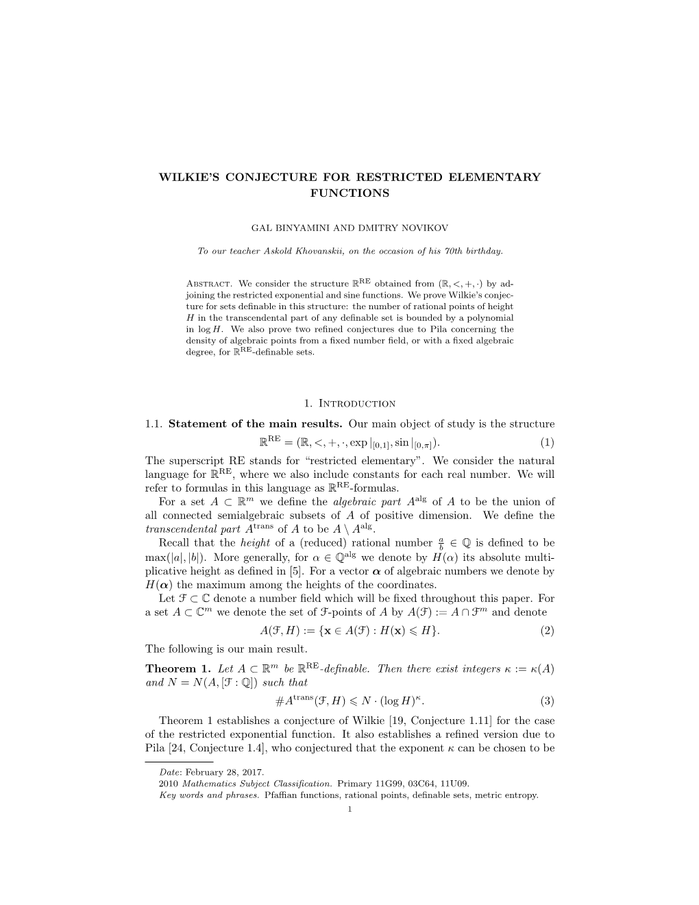 Wilkie's Conjecture for Restricted Elementary Functions