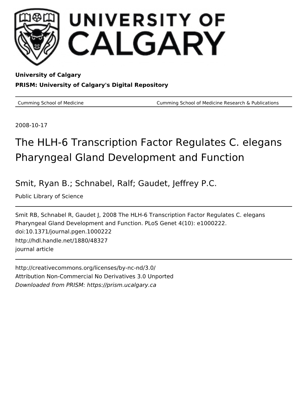 The HLH-6 Transcription Factor Regulates C. Elegans Pharyngeal Gland Development and Function