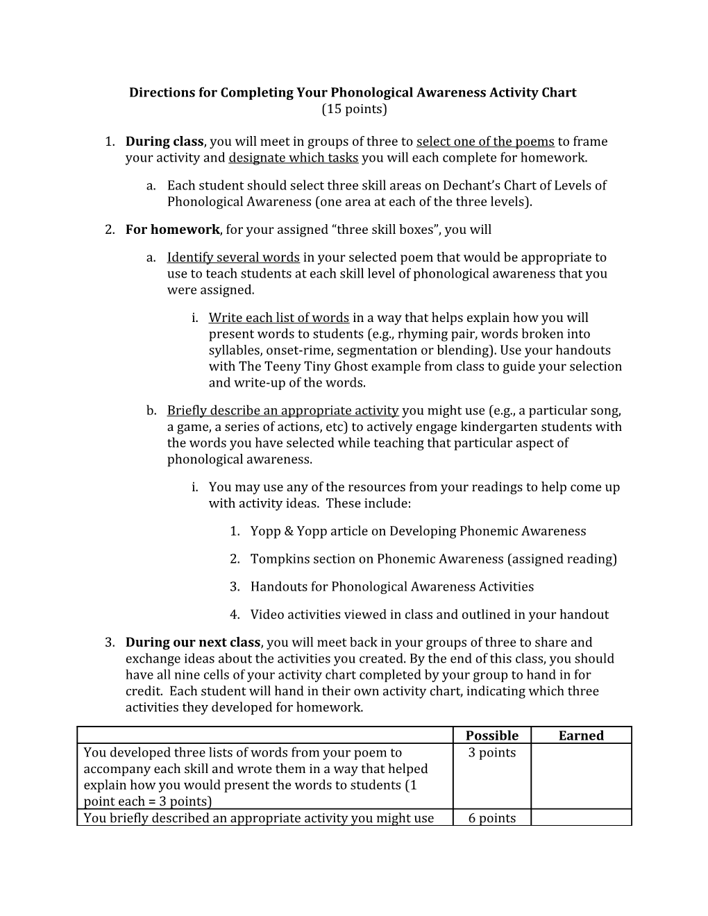 Directions for Completing Your Phonological Awareness Activity Chart