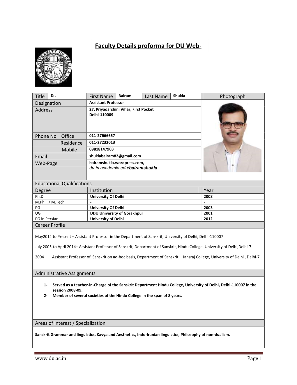 Faculty Details Proforma for DU Web- Site