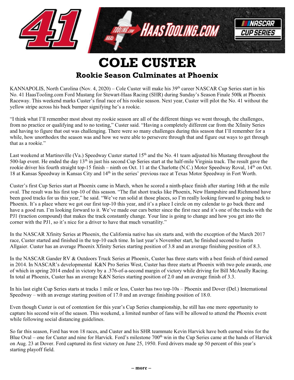 COLE CUSTER Rookie Season Culminates at Phoenix