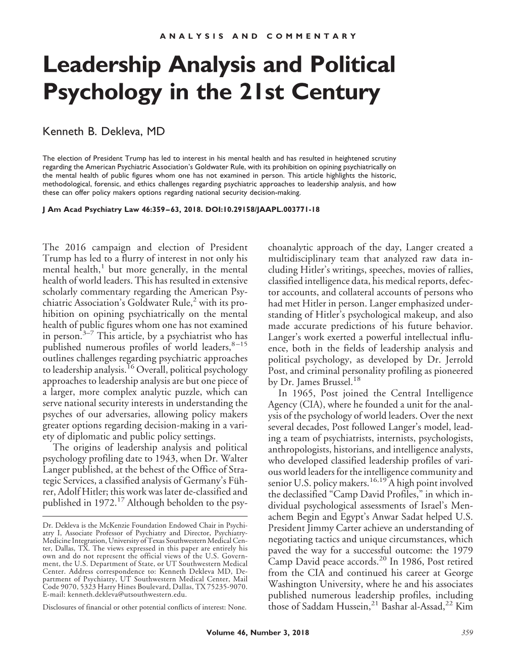 Leadership Analysis and Political Psychology in the 21St Century