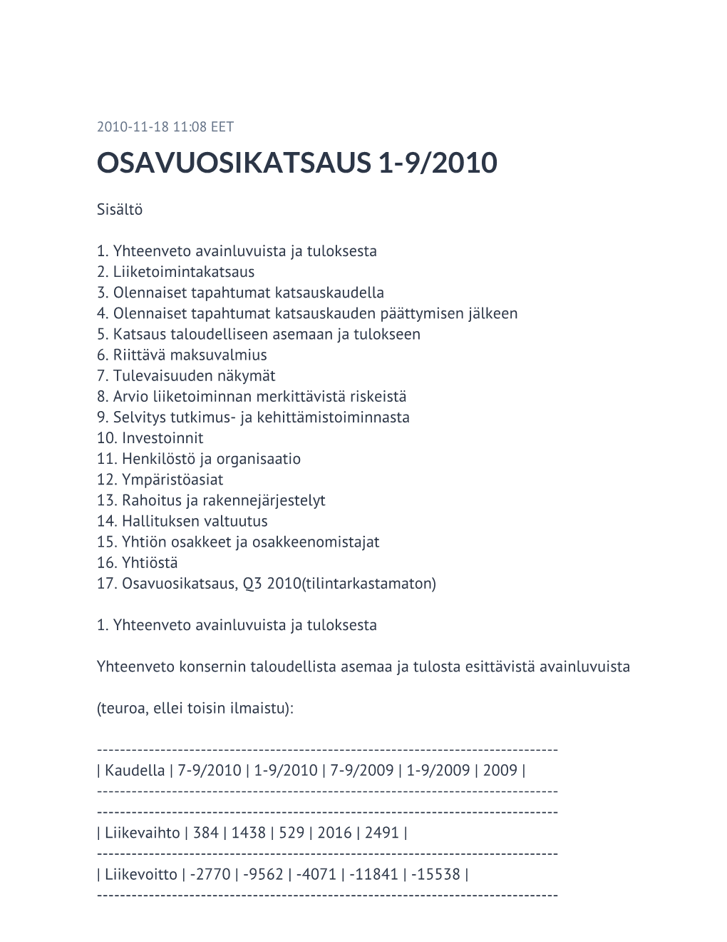 Osavuosikatsaus 1-9/2010