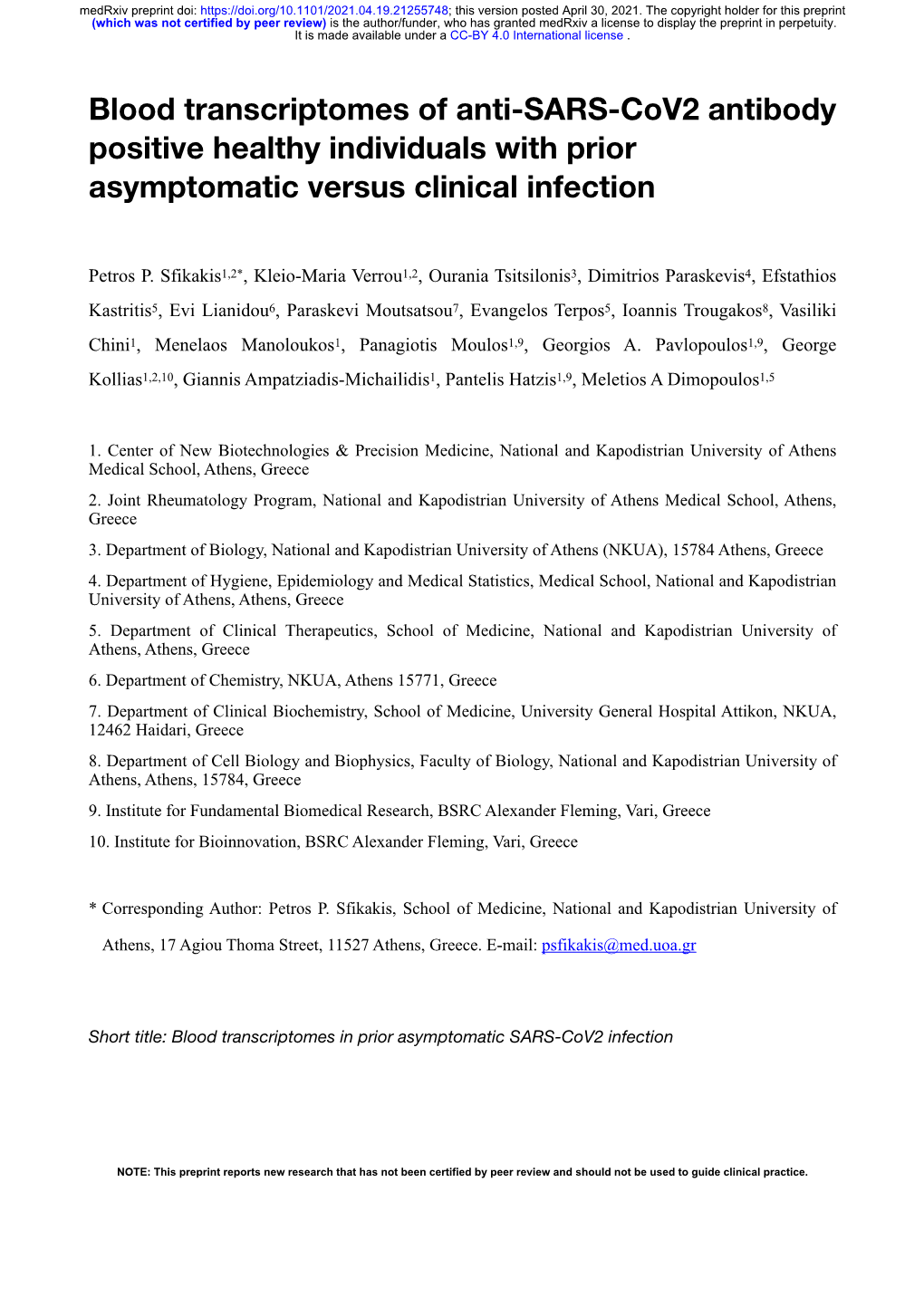 Blood Transcriptomes of Anti-SARS-Cov2 Antibody Positive Healthy Individuals with Prior Asymptomatic Versus Clinical Infection