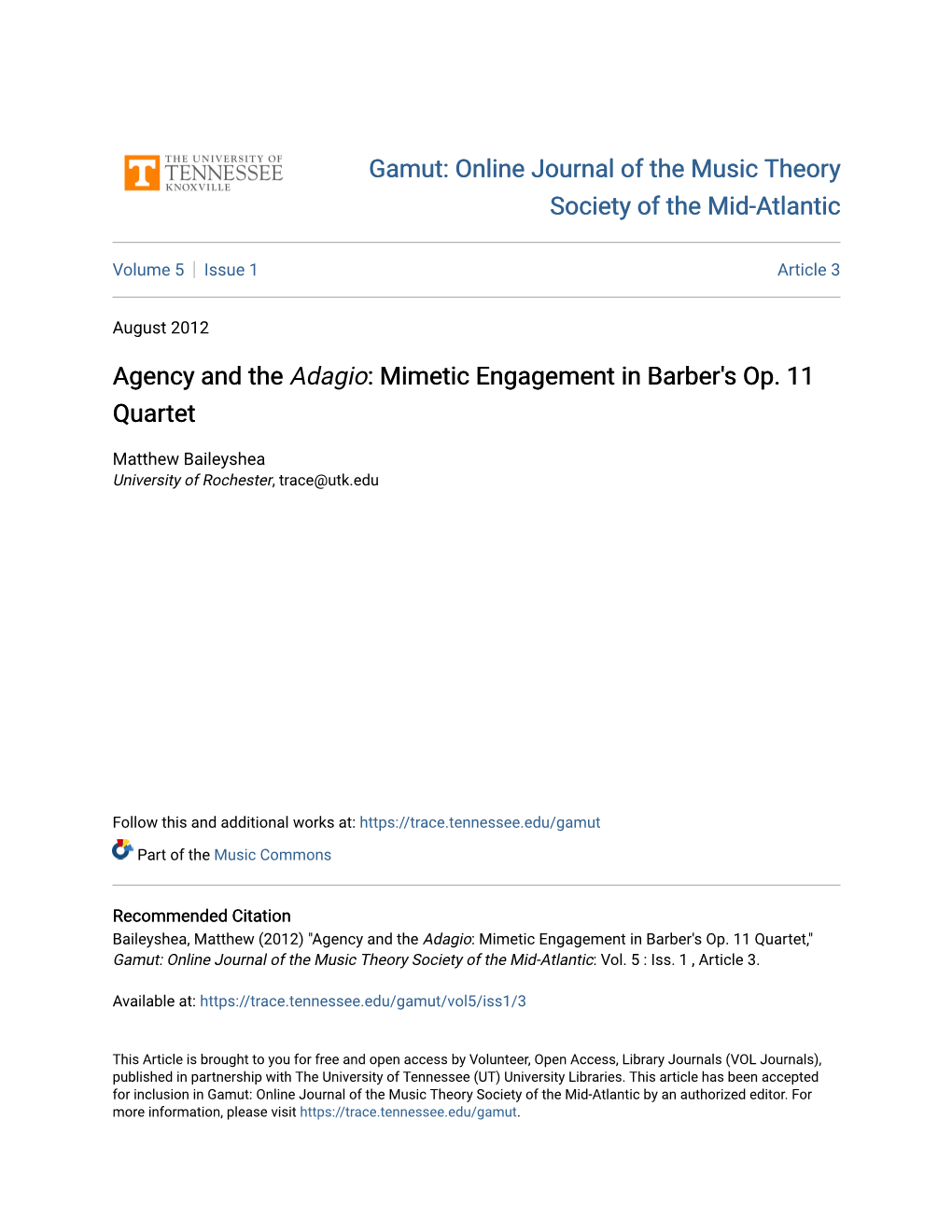 Agency and the Adagio: Mimetic Engagement in Barber's Op. 11 Quartet