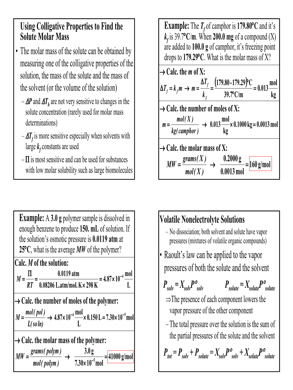 Using Colligative Properties to Find the Solute Molar Mass Volatile Nonelectrolyte Solutions • Raoult's Law Can Be Applied T