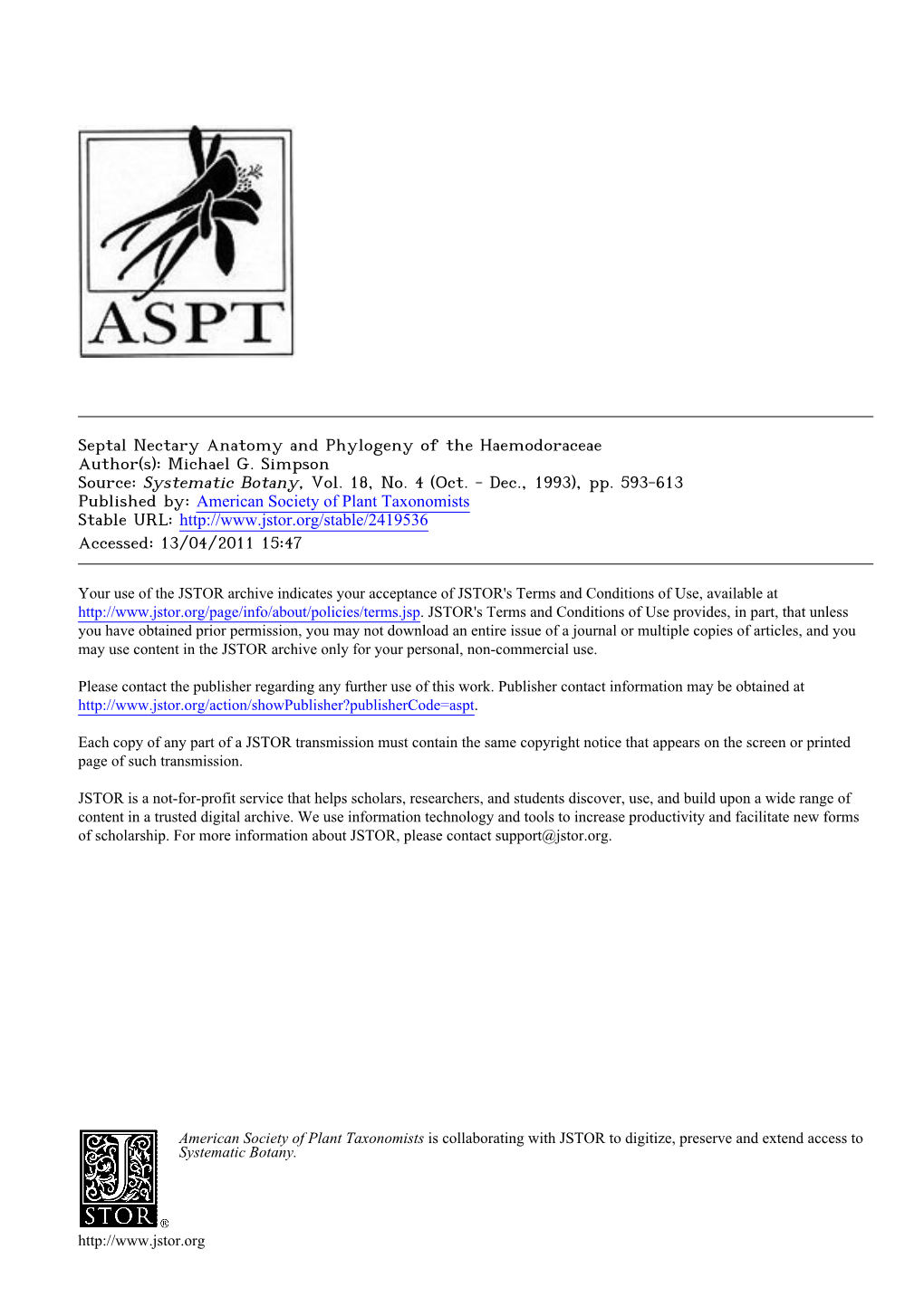 Septal Nectary Anatomy and Phylogeny of the Haemodoraceae Author(S): Michael G