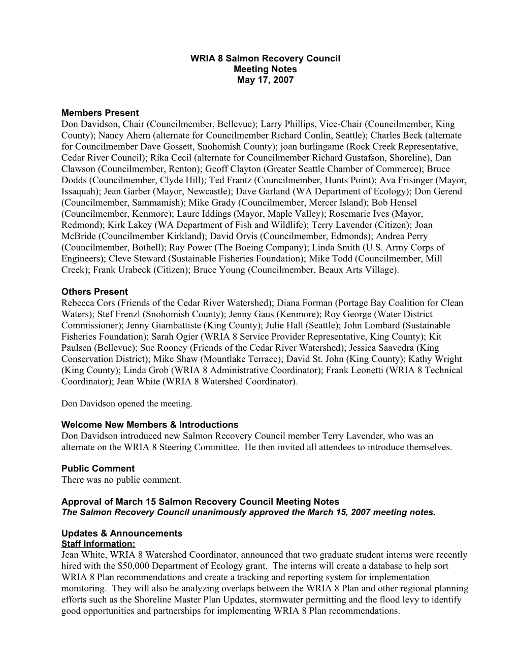 WRIA 8 Salmon Recovery Council Meeting Summary 5/17/07