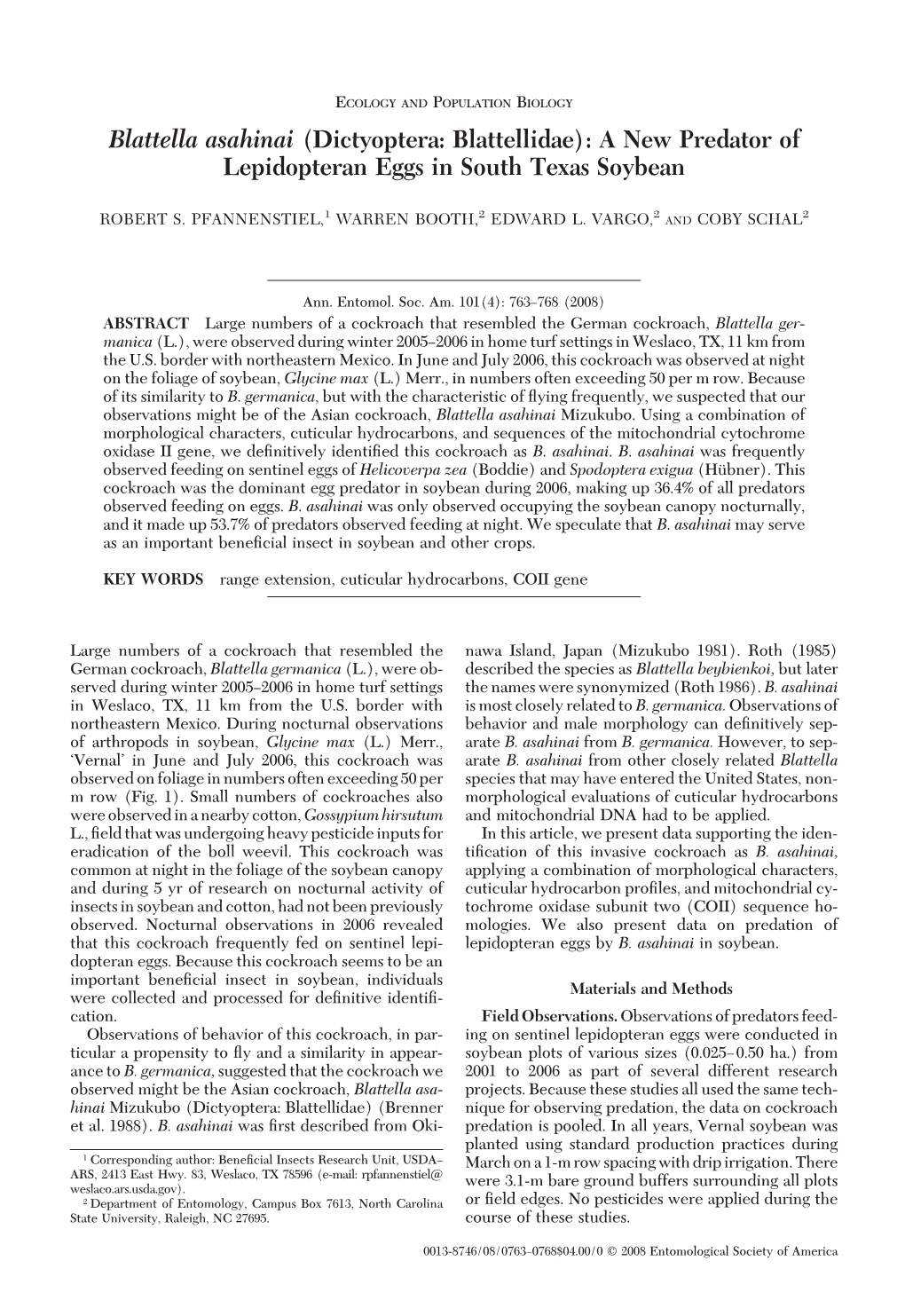 Blattella Asahinai (Dictyoptera: Blattellidae): a New Predator of Lepidopteran Eggs in South Texas Soybean