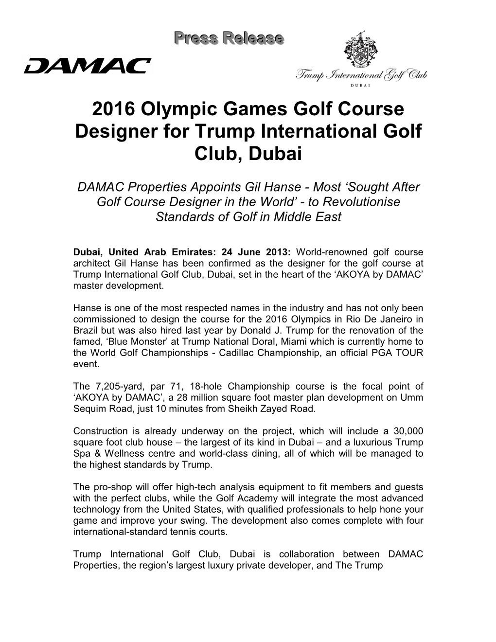 Press Release 2016 Olympic Games Golf Course Designer