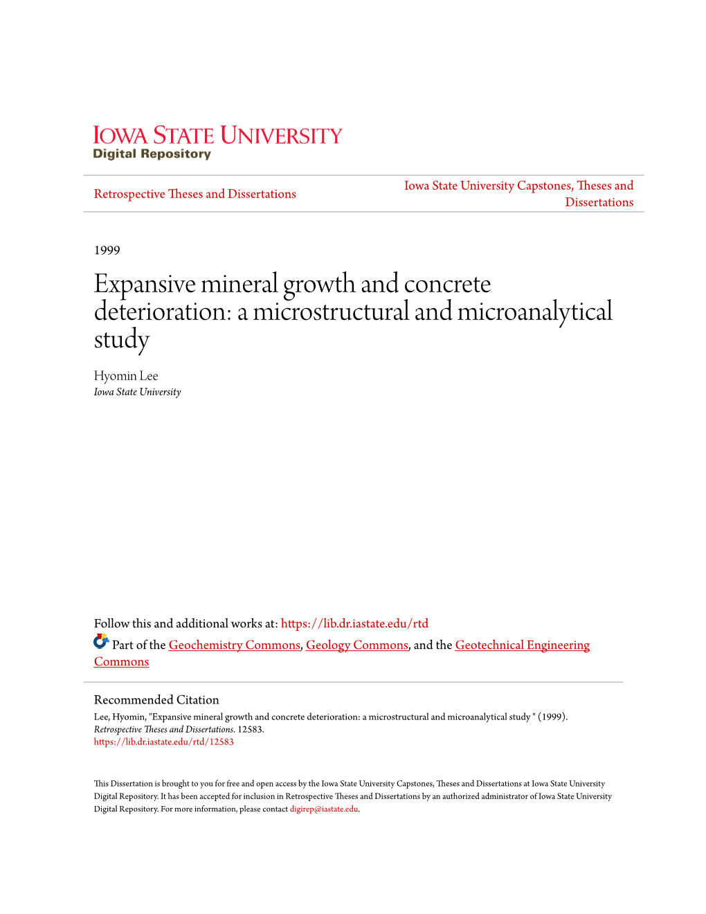 Expansive Mineral Growth and Concrete Deterioration: a Microstructural and Microanalytical Study Hyomin Lee Iowa State University