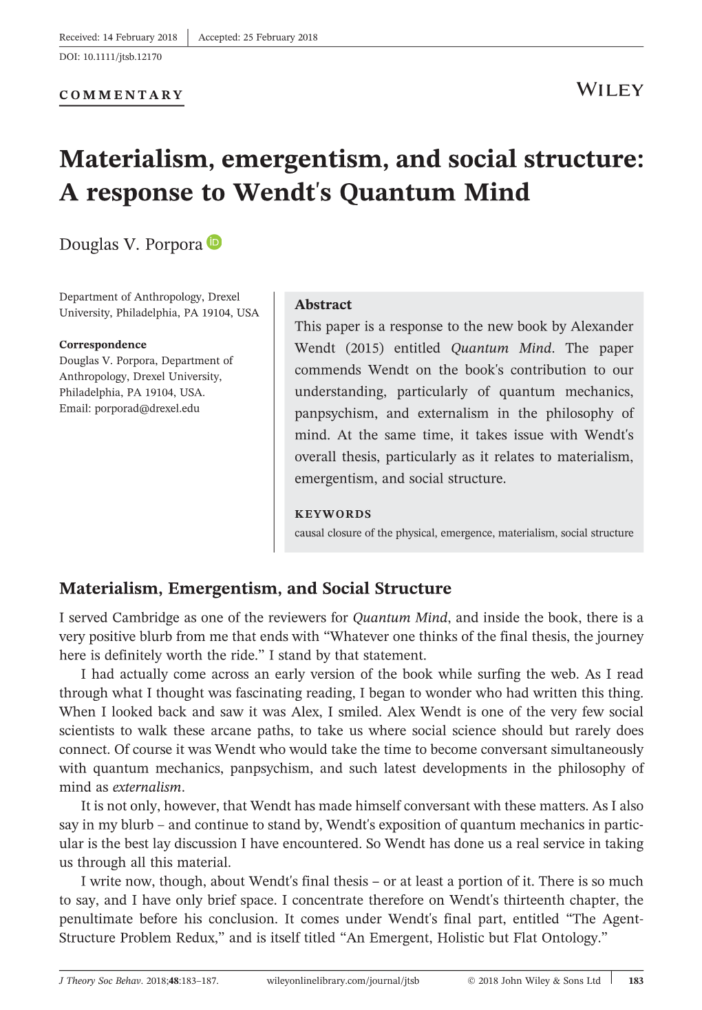 Materialism, Emergentism, and Social Structure: a Response to Wendt's Quantum Mind