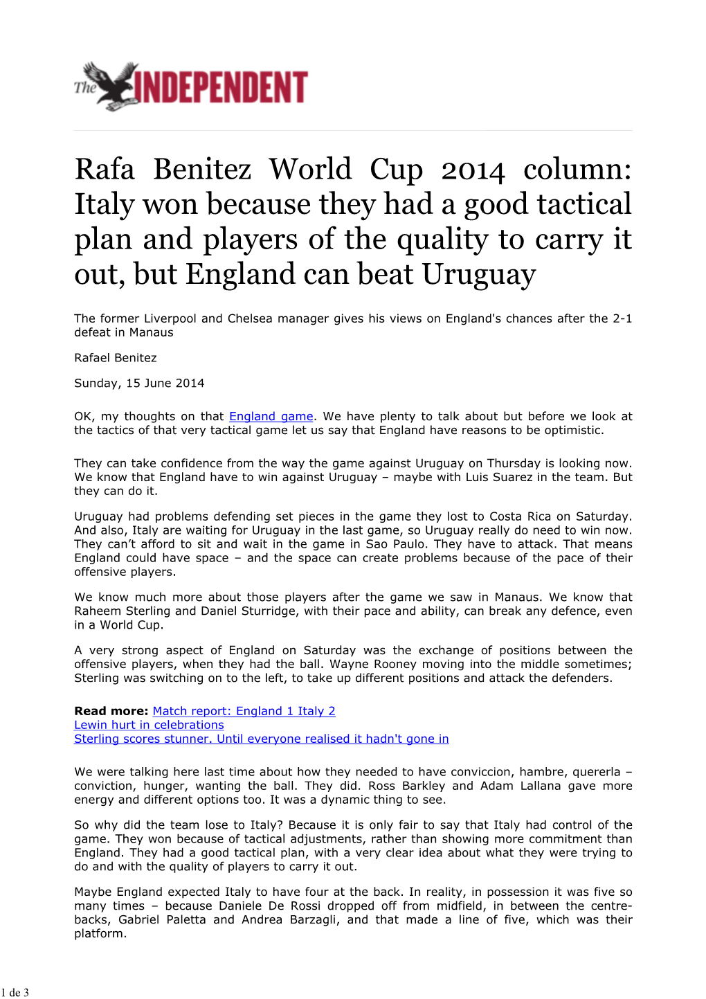 Rafa Benitez World Cup 2014 Column: Italy Won Because They Had a Good Tactical Plan and Players of the Quality to Carry It Out, but England Can Beat Uruguay