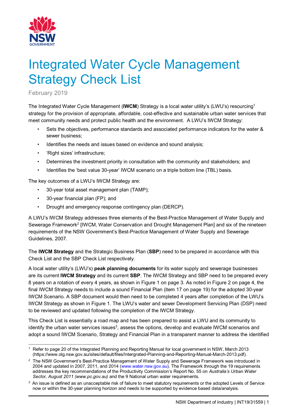 Integrated Water Cycle Management Strategy – Check List Topic Outcome Achieved